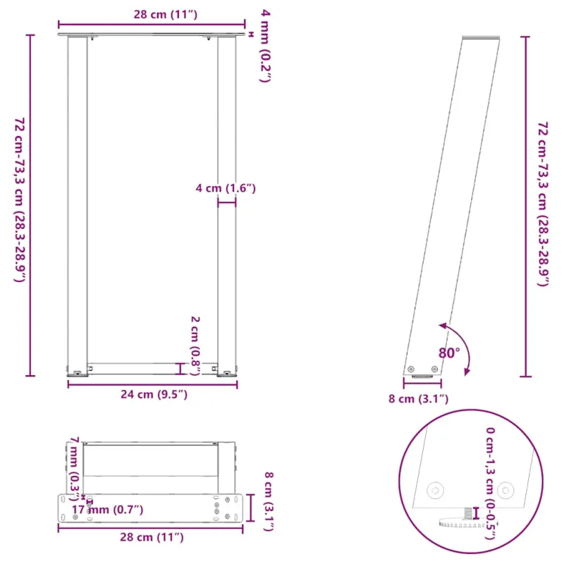 Konsolinio stalo kojelės, U formos, 2 vnt., natūralus plienas, 28x(72-73) cm, plienas