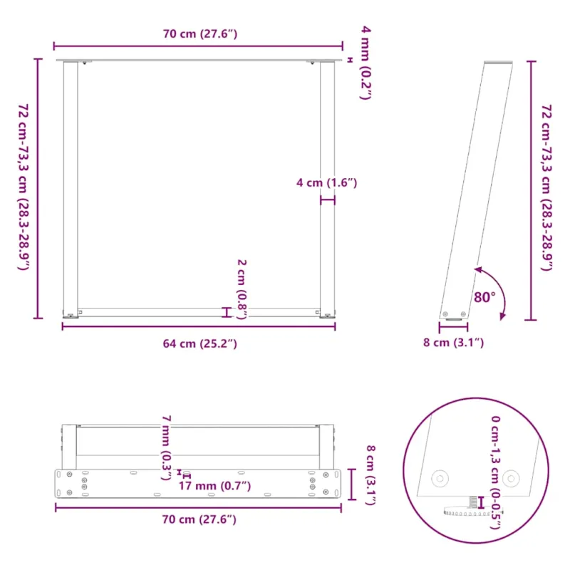 Valgomojo stalo kojelės, 2 vnt., baltos, 70x(72-73) cm, plienas, U formos
