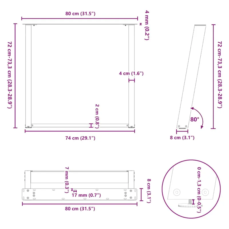 Valgomojo stalo kojelės, 2 vnt., U formos, baltos, 80x(72-73) cm, plienas