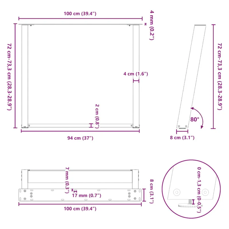 Valgomojo stalo kojelės, 2 vnt., juodos, 100x(72-73) cm, plienas, U formos