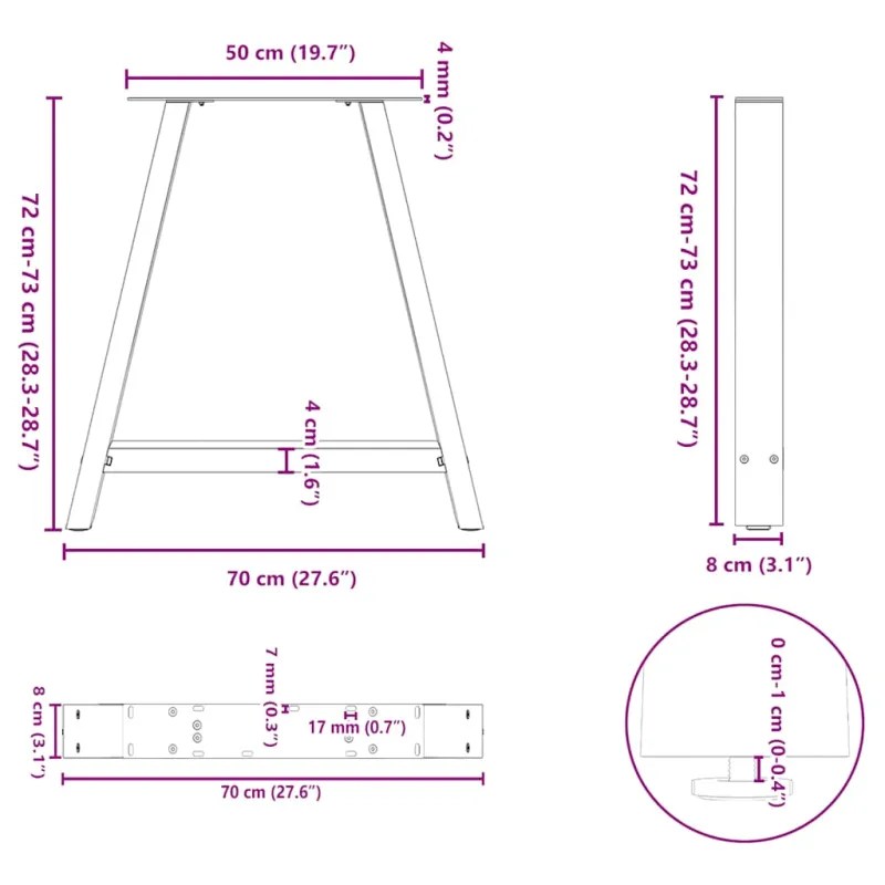 Valgomojo stalo kojelės, A formos, 2 vnt., 70x(72-73) cm, plienas