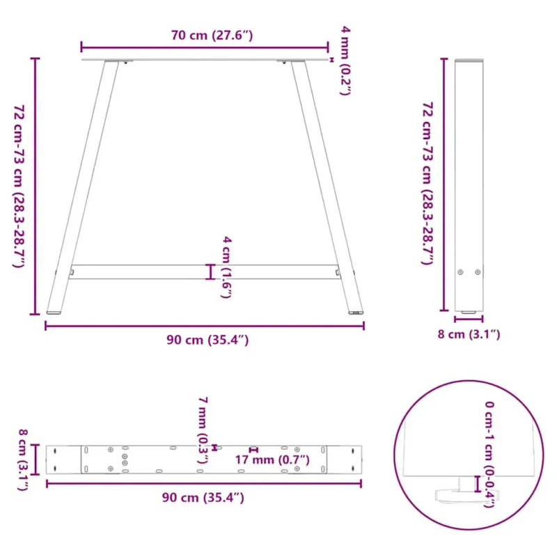 Valgomojo stalo kojelės, A formos, 2 vnt., 90x(72-73) cm, plienas