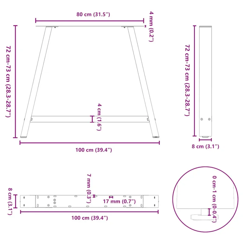 Valgomojo stalo kojelės, A formos, 2 vnt., 100 x (72-73) cm, plienas