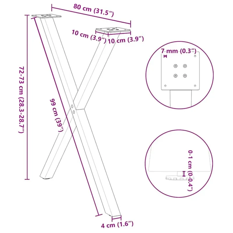 Valgomojo stalo kojos, 2 vnt., juodos, 80x(72-73) cm, plienas, X formos