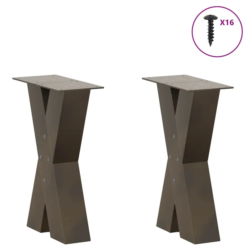 Kavos staliuko kojelės, X formos, 2 vnt., natūralus plienas, 38x(42-43) cm, plienas