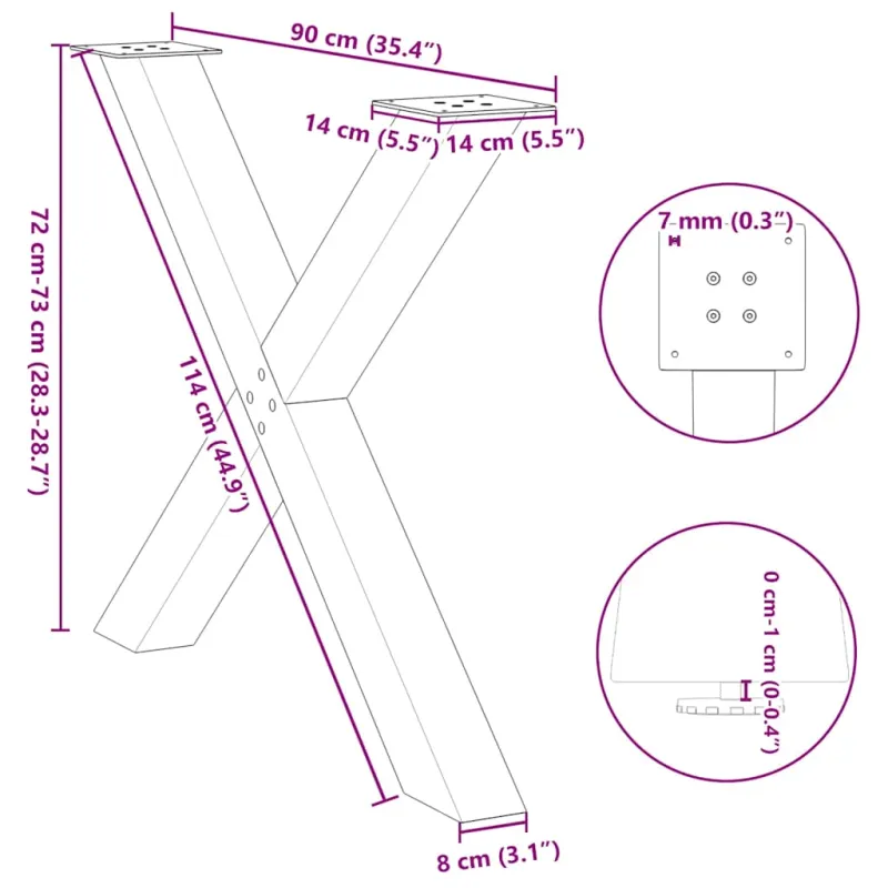 Valgomojo stalo kojos, 3 vnt., juodos, 90x(72-73) cm, plienas, X formos