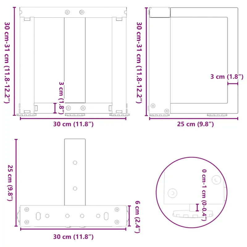 Kavos staliuko kojelės, 2 vnt., antracito spalvos, 30x25x(30-31) cm, plienas