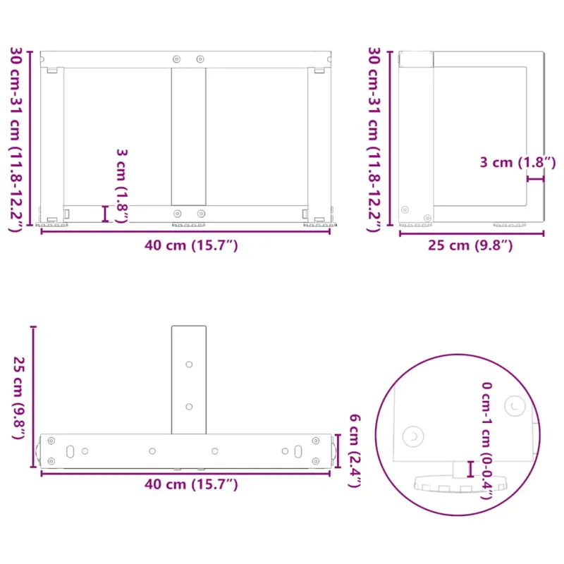 Kavos staliuko kojelės, T formos, 2 vnt., antracito spalvos, 40x25x(30-31) cm, plienas