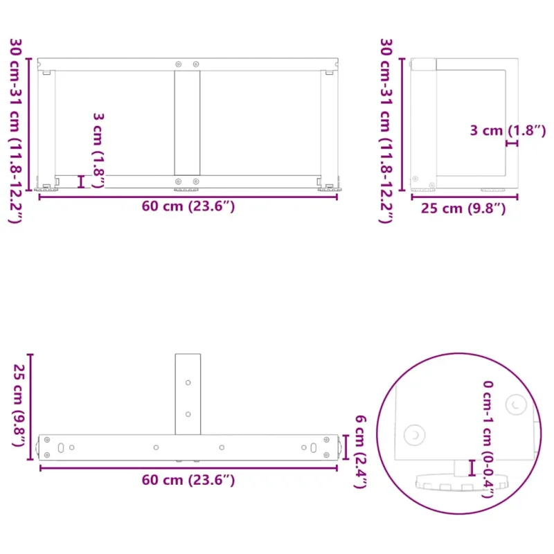 Kavos staliuko kojelės, 2 vnt., baltos, 60x25x(30-31) cm, plienas