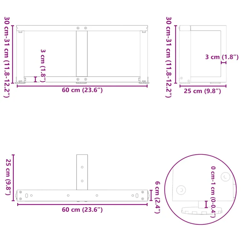 Kavos staliuko kojelės, 2 vnt., antracito spalvos, 60x25x(30-31) cm, plienas