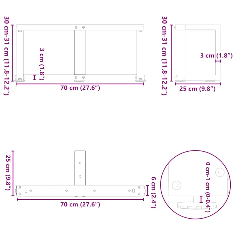 Kavos staliuko kojelės, 2 vnt., juodos, 70x25x(30-31) cm, plienas