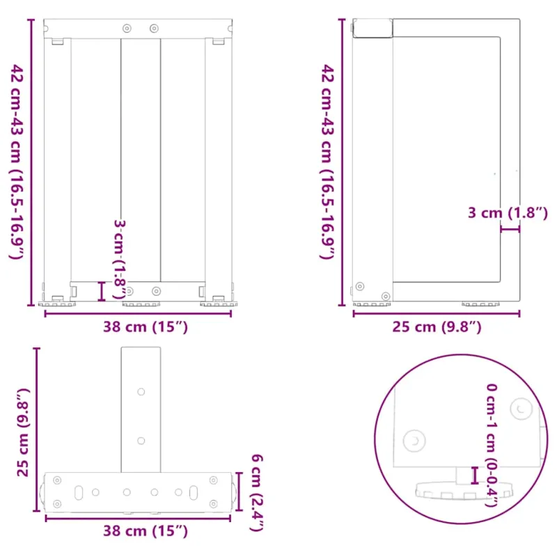 Kavos staliuko kojelės, 2 vnt., juodos, 38x25x(42-43) cm, plienas