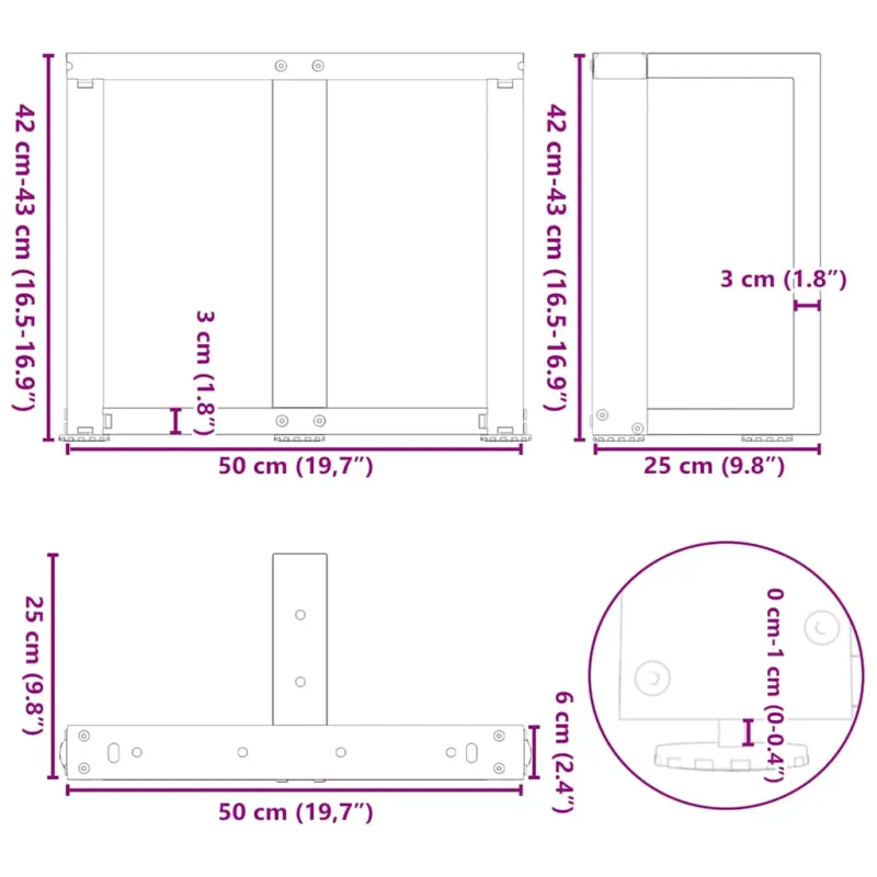 Kavos staliuko kojelės, T formos, 2 vnt., antracito spalvos, 50x25x(42-43) cm, plienas