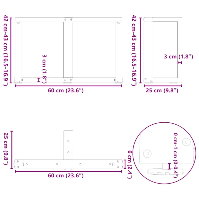 Kavos staliuko kojelės, 2 vnt., baltos, 60x25x(42-43) cm, plienas