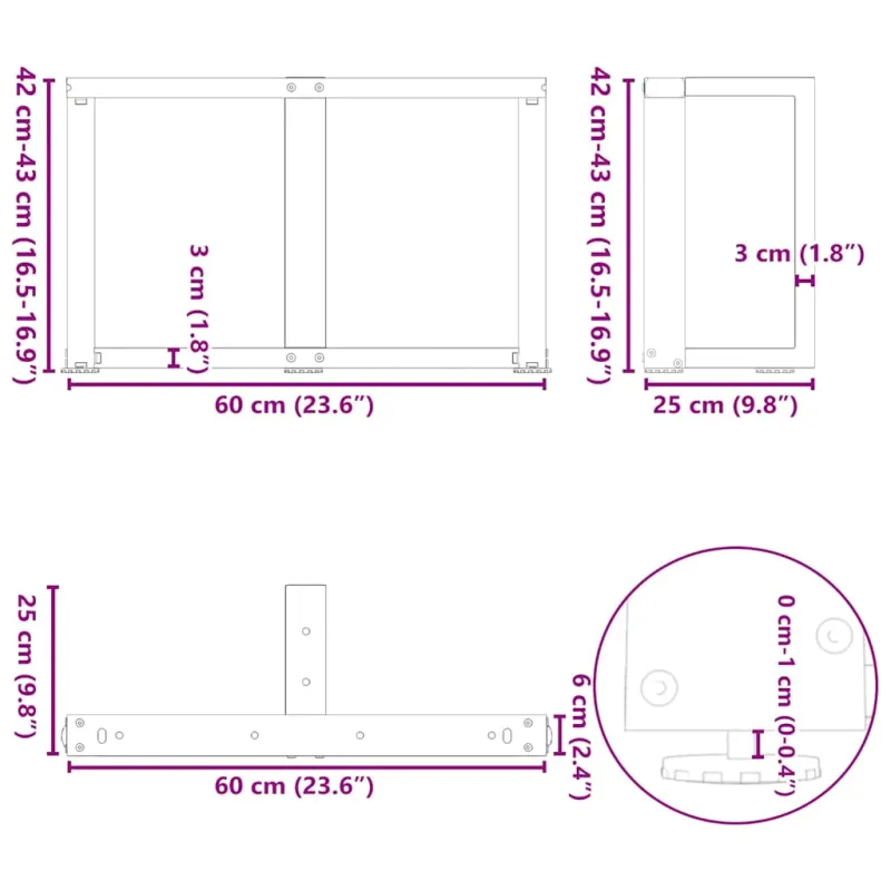 Kavos staliuko kojelės, T formos, 2 vnt., antracito spalvos, 60x25x(42-43) cm, plienas