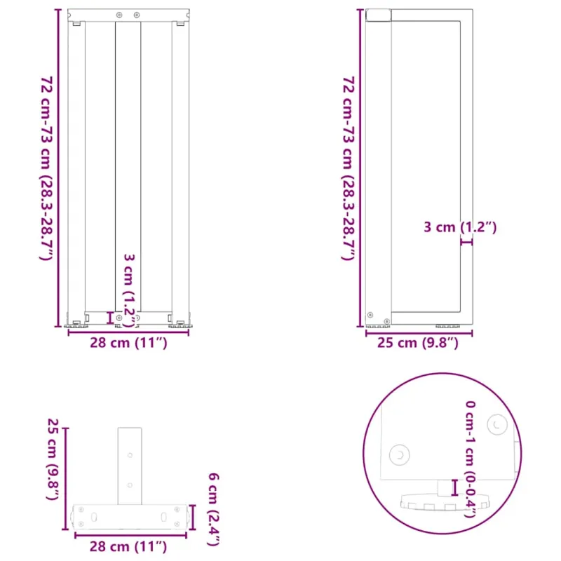 Konsolinio stalo kojos, T formos, 2 vnt., antracito spalvos, 25x28x(72-73) cm, plienas