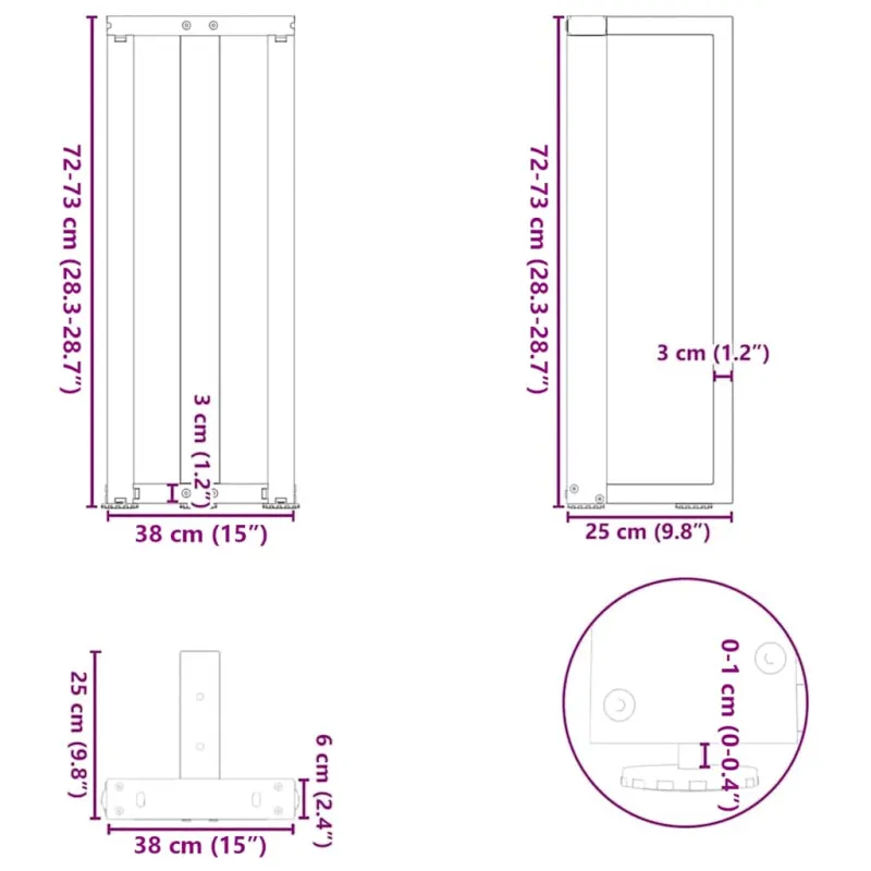 Konsolinio staliuko kojelės, T formos, 2 vnt., juodos, 38x25x(72-73) cm, plienas