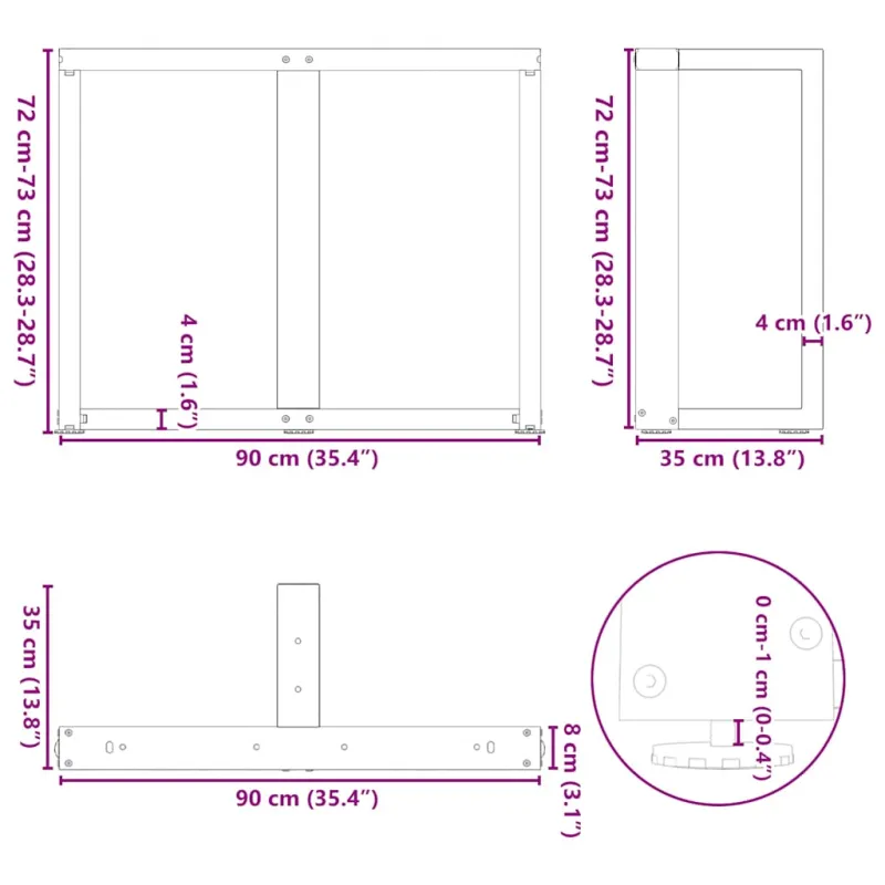 Valgomojo stalo kojelės, 2 vnt., baltos, 90x35x(72-73) cm, plienas, T formos
