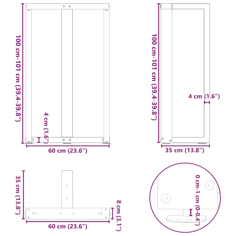 Baro stalo kojos, T formos, 2 vnt., juodos, 60x35x(100-101) cm, plienas