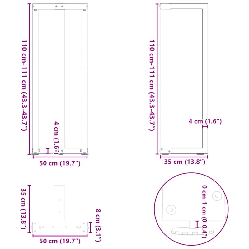 Baro stalo kojos, T formos, 2 vnt., juodos, 50x35x(110-111) cm, plienas