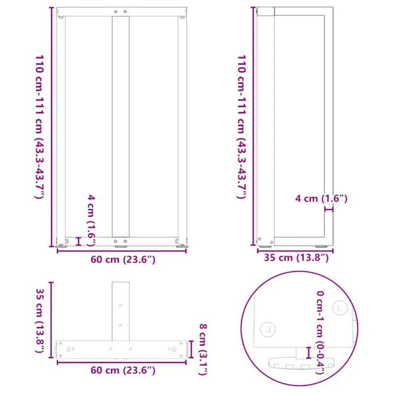 Baro stalo kojos, T formos, 2 vnt., juodos, 60x35x(110-111) cm, plienas