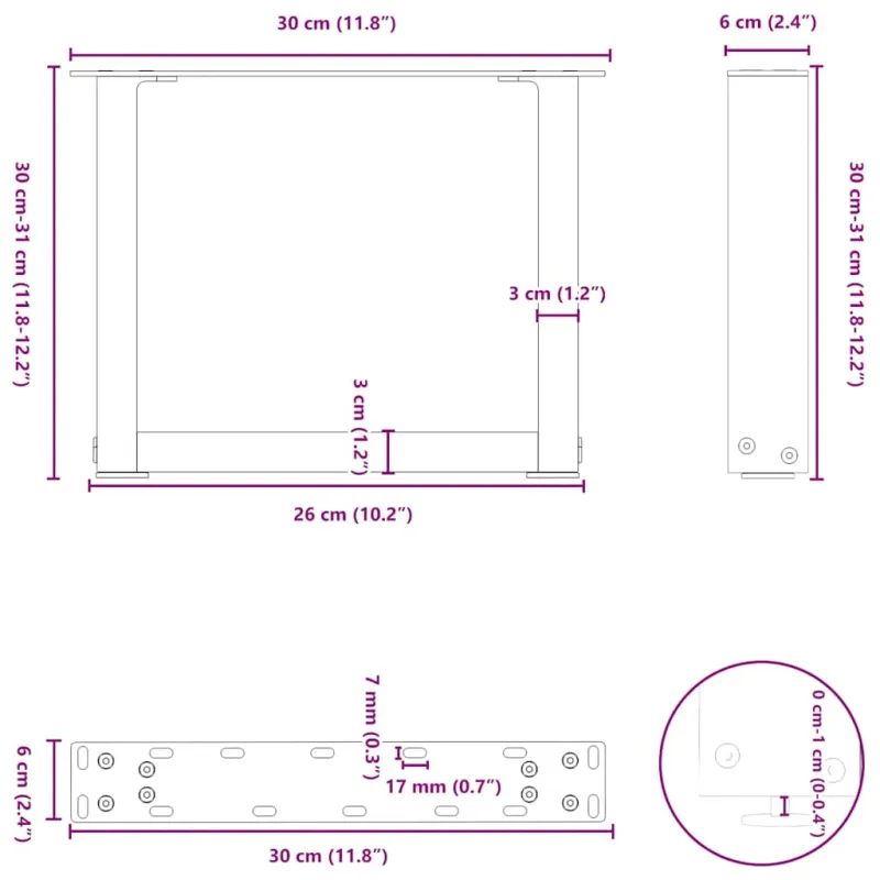 Kavos staliuko kojelės, 2 vnt., baltos, 30x(30-31) cm, plienas, U formos
