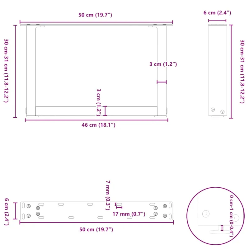 Kavos staliuko kojelės, 2 vnt., baltos, 50x(30-31) cm, plienas, U formos