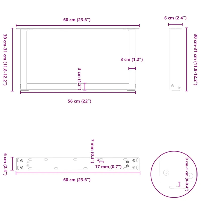 Kavos staliuko kojelės, 2 vnt., antracito spalvos, 60x(30-31) cm, plienas