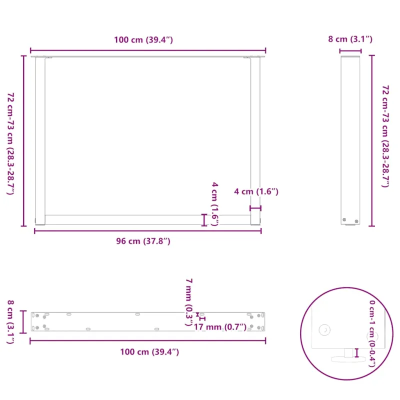Valgomojo stalo kojos, U formos, 3 vnt., antracito spalvos, 100x(72-73) cm, plienas