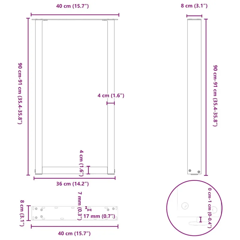 Baro stalo kojos, U formos, 2 vnt., juodos, 40x(90-91) cm, plienas