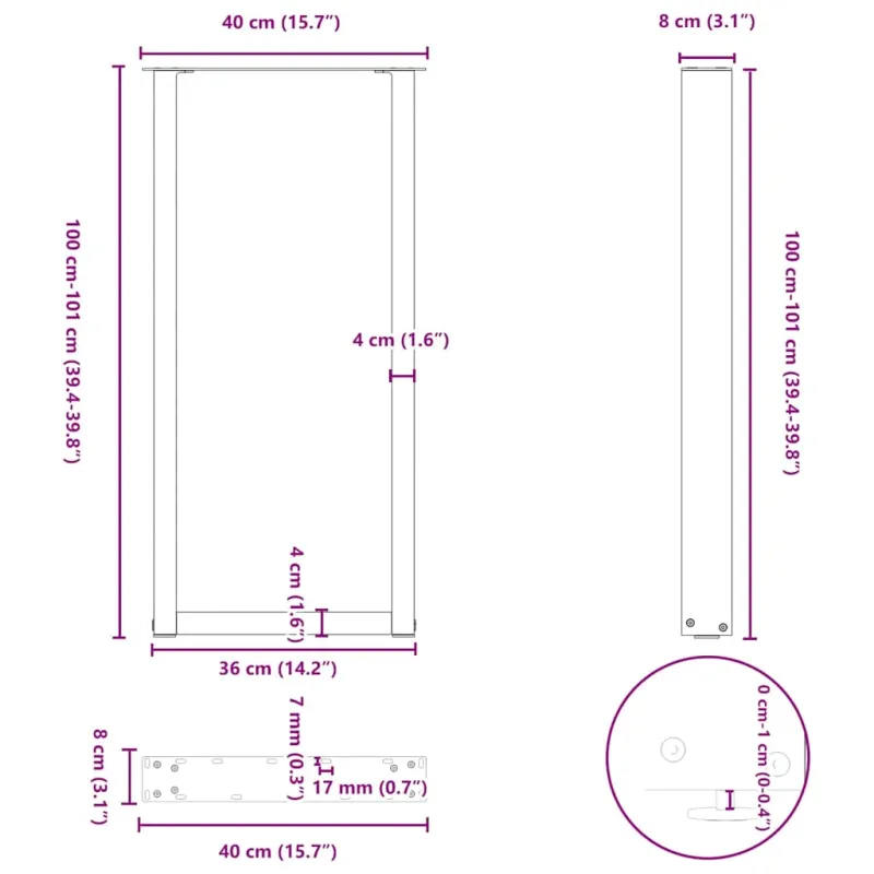 Baro stalo kojos, U formos, 2 vnt., juodos, 40x(100-101) cm, plienas