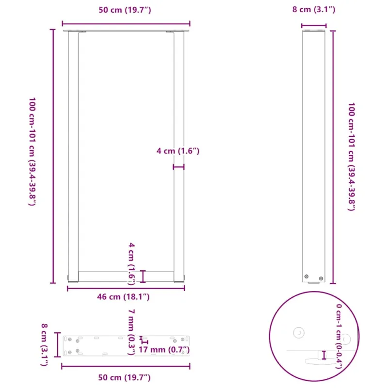 Baro stalo kojos, U formos, 2 vnt., baltos, 50x(100-101) cm, plienas