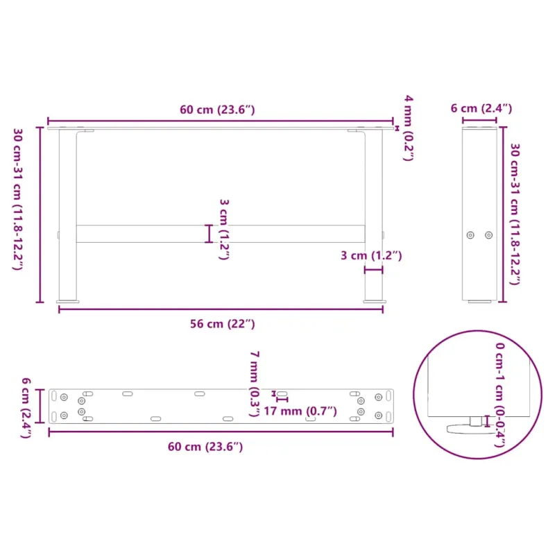 Kavos staliuko kojelės, juodos, 2 vnt., 60x(30-31) cm, plienas