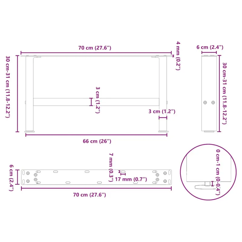 Kavos staliuko kojelės, juodos, 2 vnt., 70x(30-31) cm, plienas