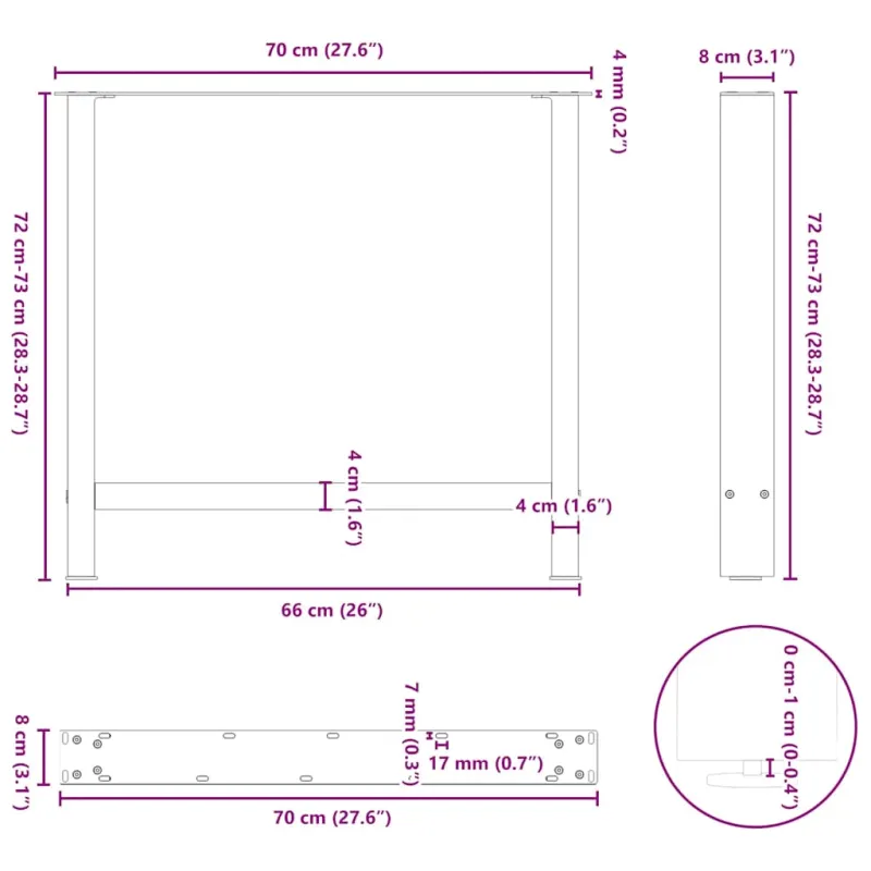 Valgomojo stalo kojos, baltos, 2 vnt., 70x(72-73) cm, plienas