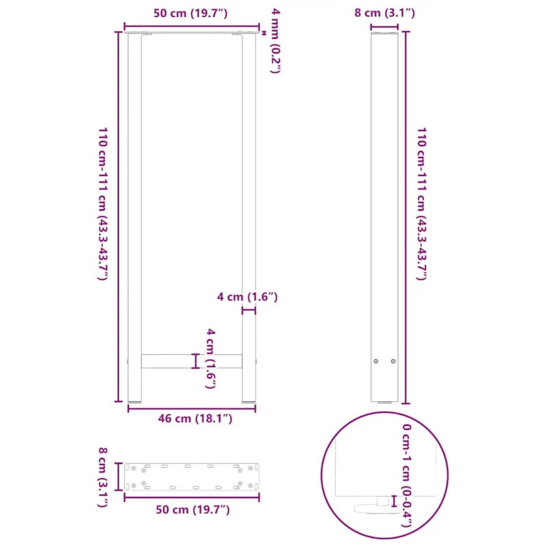 Baro stalo kojos, 2 vnt., 50x(110-111) cm, natūralus plienas