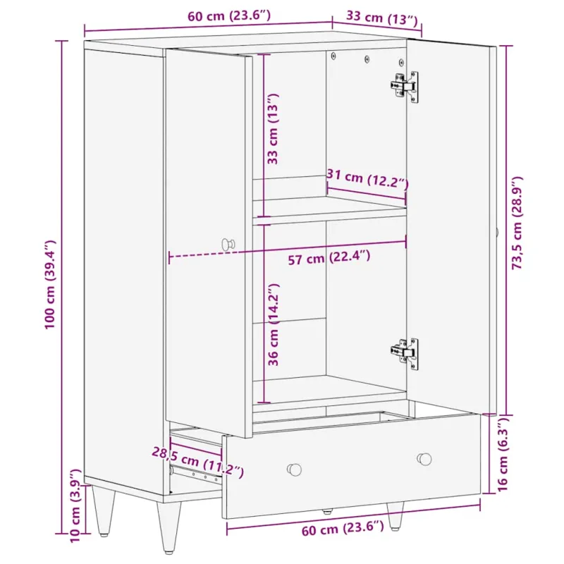 Highboard 60x33x100 cm Masyvo medžio mango