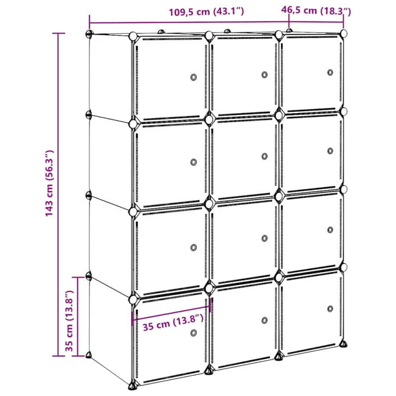 Storage Cube Organizer su 12 kubelių ir pakabinamų strypų PP
