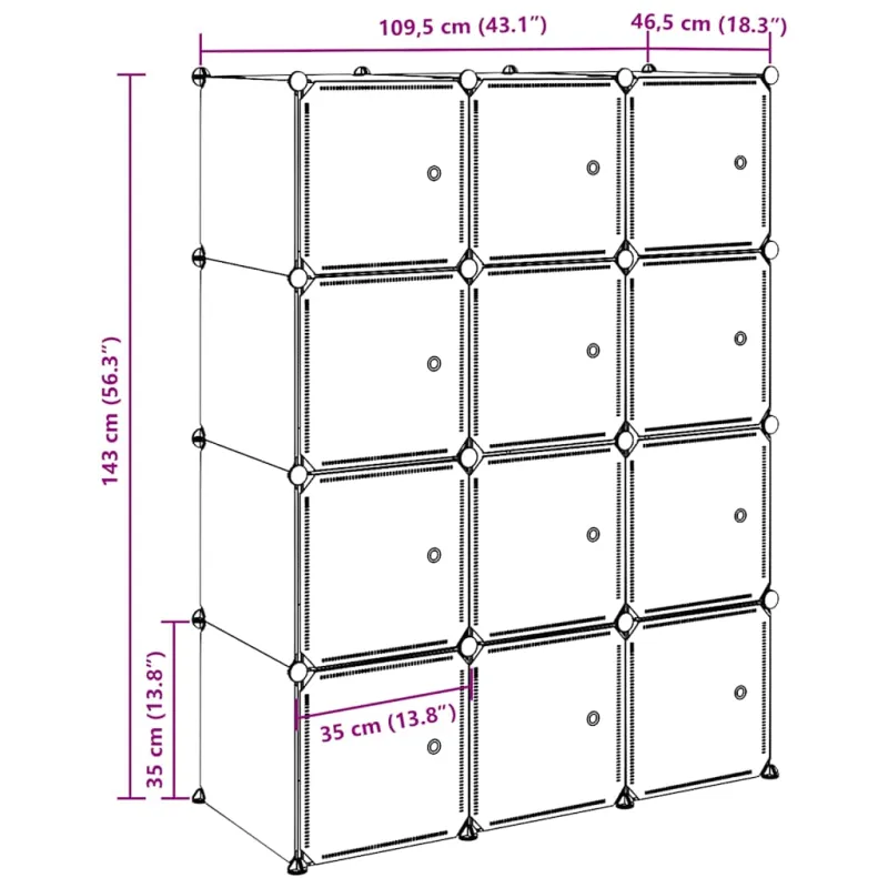 Storage Cube Organizer su 12 kubelių ir pakabinamų strypų PP