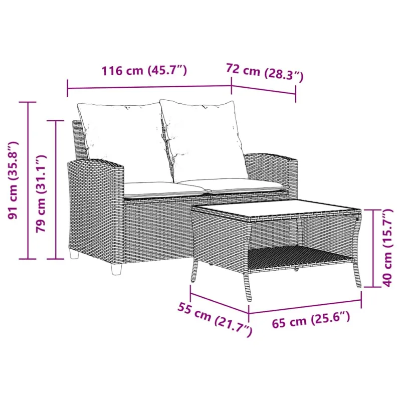 Dvivietė sodo sofa su pagalvėlėmis ir staliuku, rudos spalvos