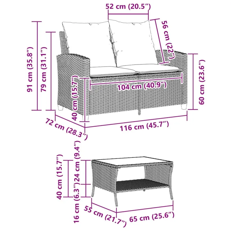 Dvivietė sodo sofa su staliuku ir pagalvėlėmis, smėlio spalvos