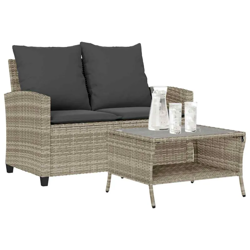 Dvivietė sodo sofa su pagalvėlėmis ir staliuku, šviesiai pilka