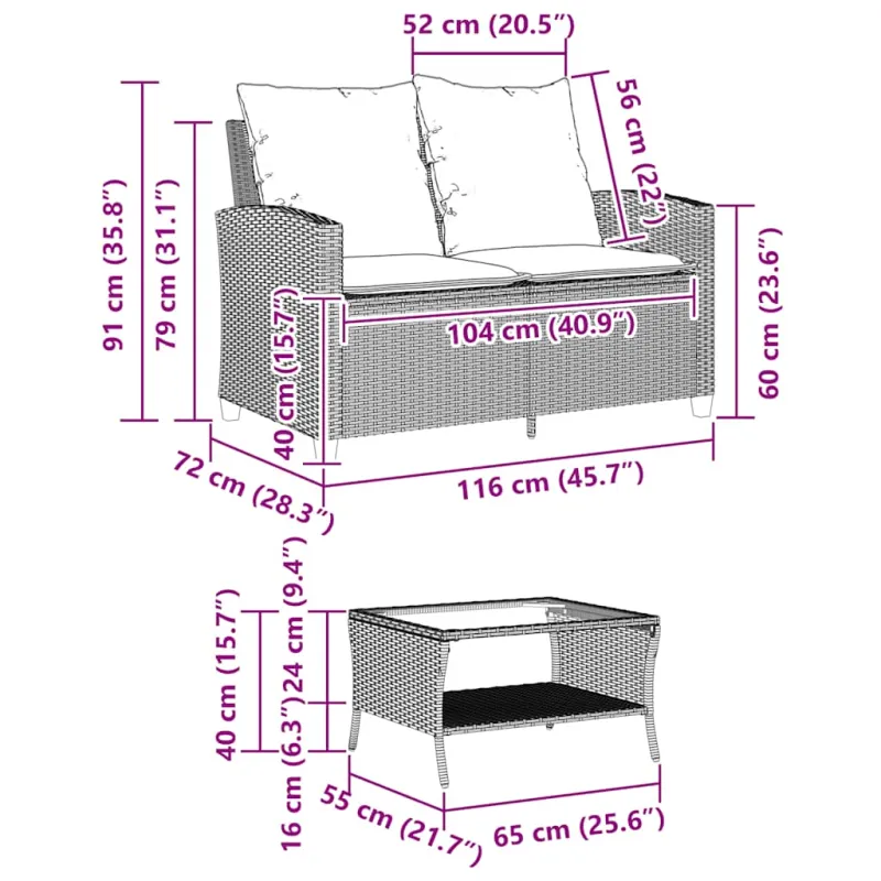 Dvivietė sodo sofa su pagalvėlėmis ir staliuku, šviesiai pilka