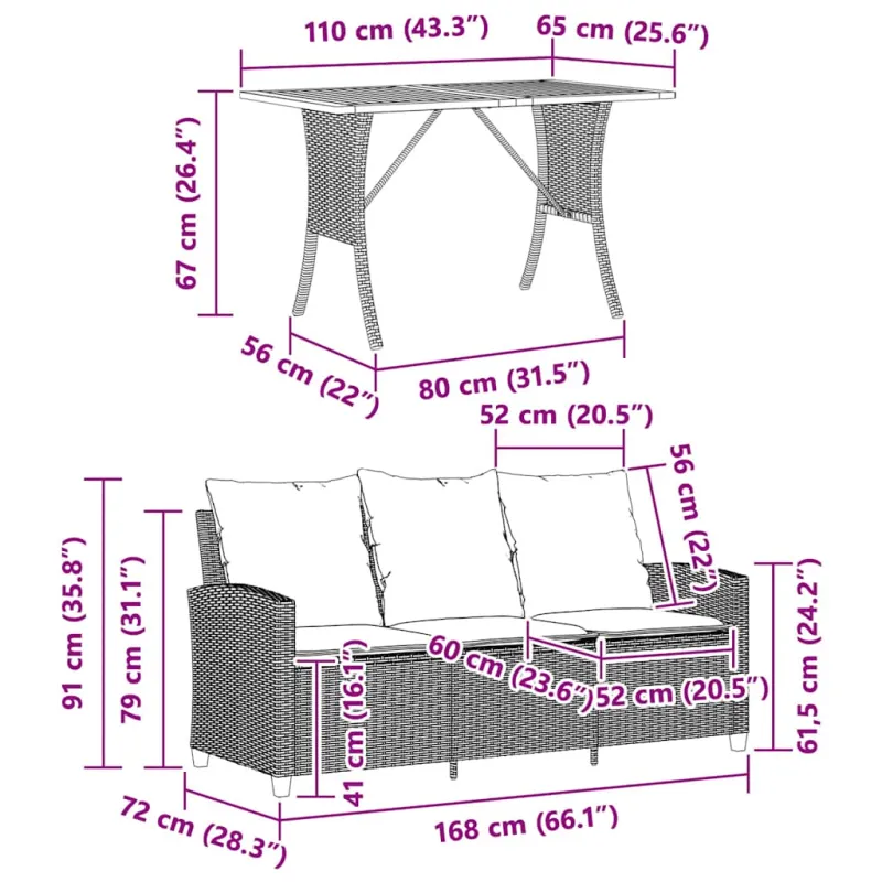 Trivietė sodo sofa su staliuku ir pagalvėlėmis, smėlio spalvos