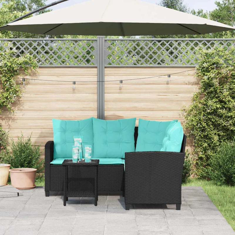 Sodo sofa su pagalve 2 pcs Juoda ir turkio Poli ratanas