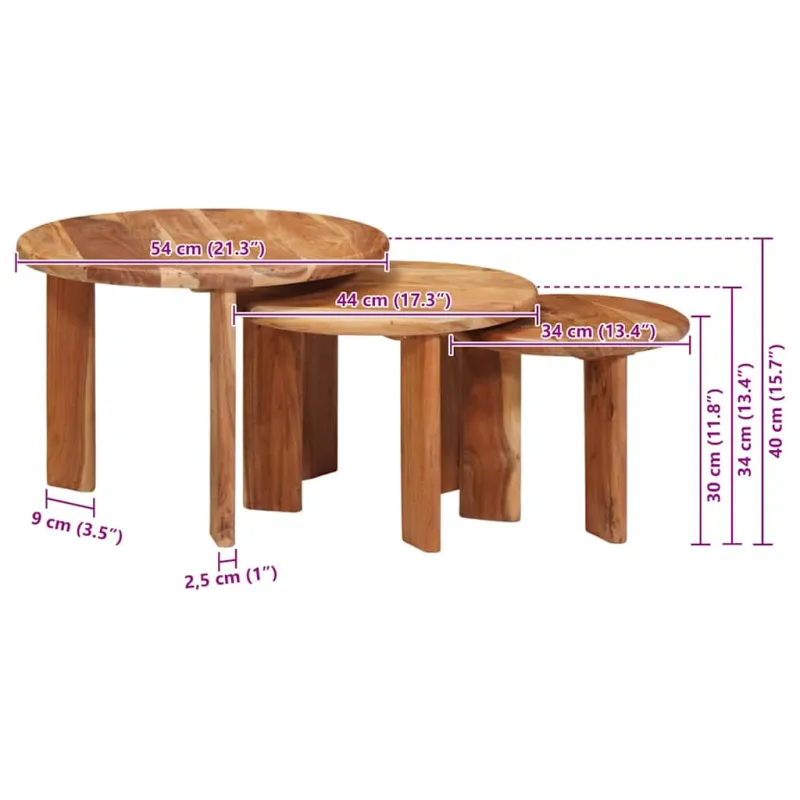 Sudediami kavos stalai 3 pcs Ruda Kietos akacijos mediena