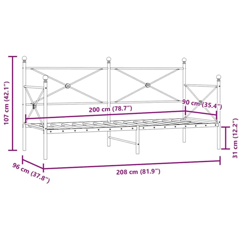Dieninė lova be čiužinio Juoda 90x200 cm Plienas
