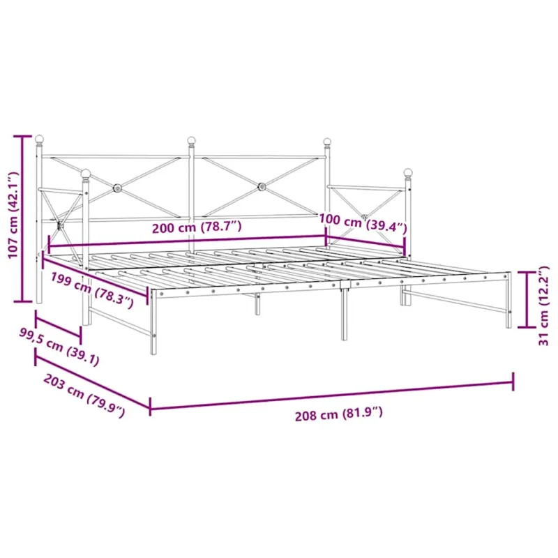 kušetė su kušete be čiužinio Juodas 100x200 cm Plienas