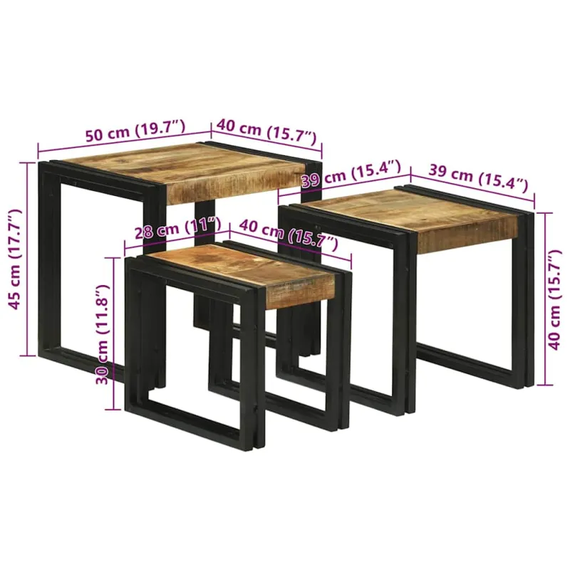 Suklijuotas stalas 3 pcs Kietas mangų medis ir metalas