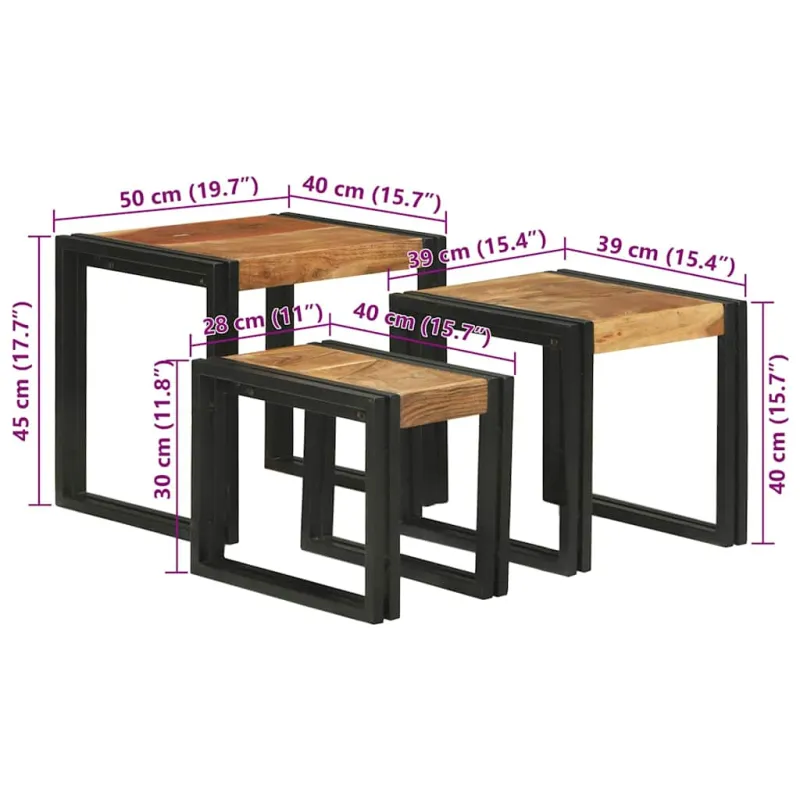 Suklijuotas stalas 3 pcs Kietos akacijos medienos ir metalo